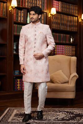 pink jaquard silk sherwani with faux satin pajama for mens 1