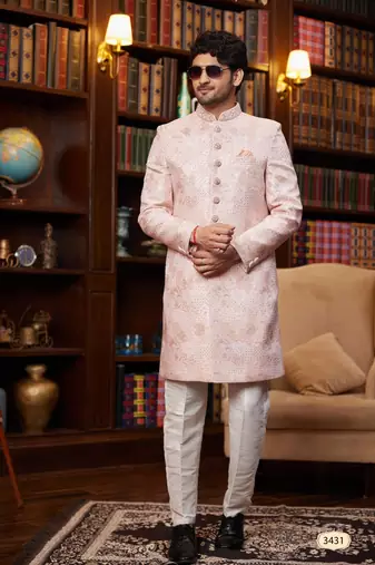 pink jaquard silk sherwani with faux satin pajama for mens