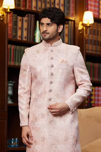 pink jaquard silk sherwani with faux satin pajama for mens