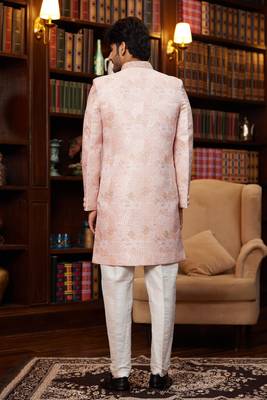 pink jaquard silk sherwani with faux satin pajama for mens 4