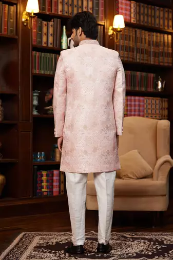 pink jaquard silk sherwani with faux satin pajama for mens
