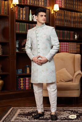 green imported jacquard silk sherwani with faux satin pajama for mens 1