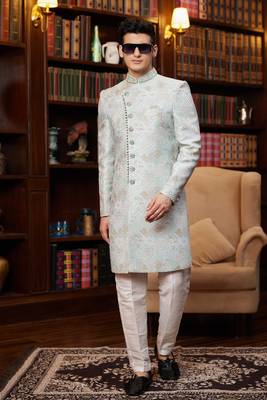 green imported jacquard silk sherwani with faux satin pajama for mens 2