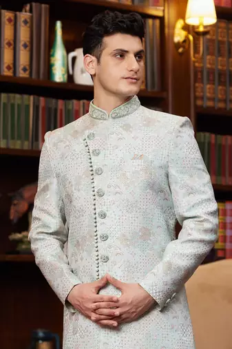 green imported jacquard silk sherwani with faux satin pajama for mens