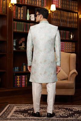 green imported jacquard silk sherwani with faux satin pajama for mens 4