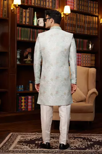 green imported jacquard silk sherwani with faux satin pajama for mens