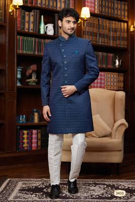 teal blue imported jaquard silk sherwani with faux satin pajama for mens 1