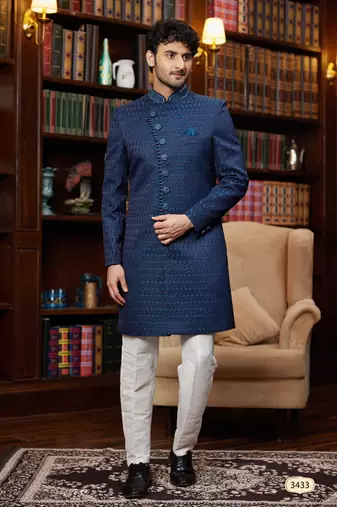 Teal blue imported jaquard silk sherwani with faux satin pajama for mens