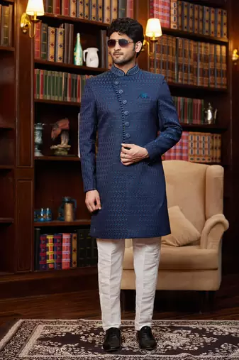 teal blue imported jaquard silk sherwani with faux satin pajama for mens