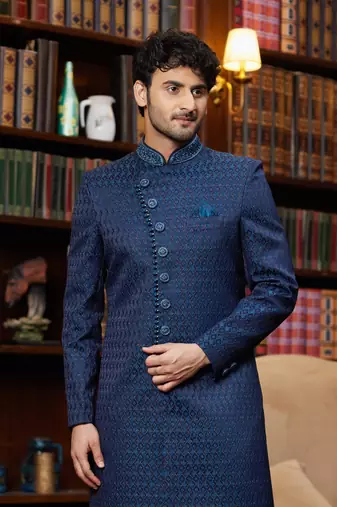 teal blue imported jaquard silk sherwani with faux satin pajama for mens