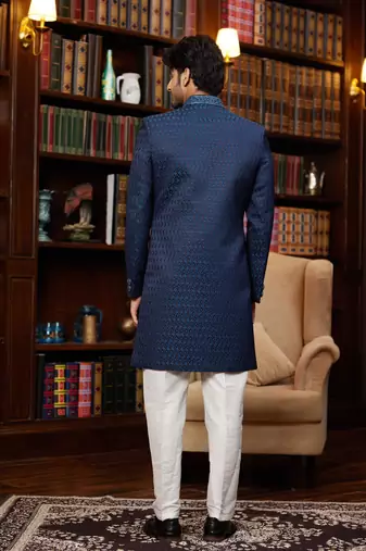 teal blue imported jaquard silk sherwani with faux satin pajama for mens