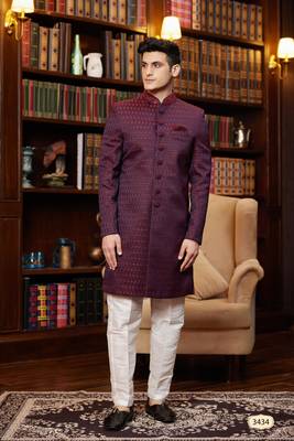 wine imported jaquard silk sherwani with faux satin pajama for mens 1