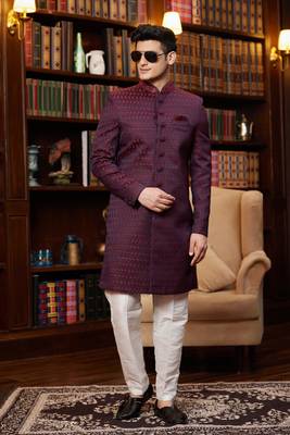 wine imported jaquard silk sherwani with faux satin pajama for mens 2