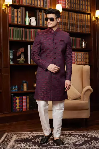 wine imported jaquard silk sherwani with faux satin pajama for mens