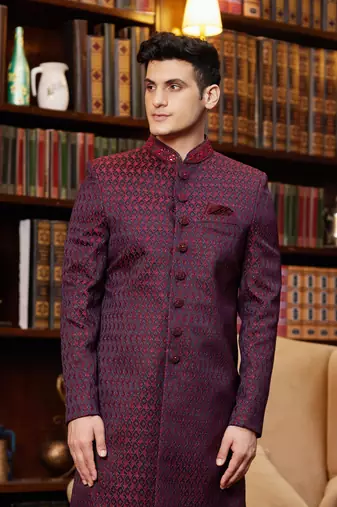 wine imported jaquard silk sherwani with faux satin pajama for mens