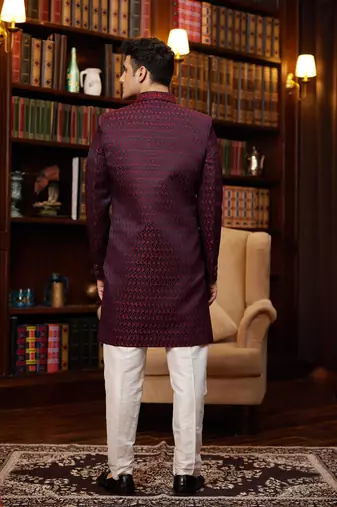 wine imported jaquard silk sherwani with faux satin pajama for mens