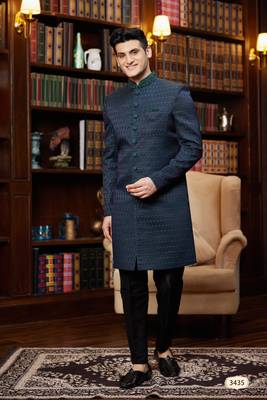 green imported jaquard silk sherwani with faux satin pajama for mens 1
