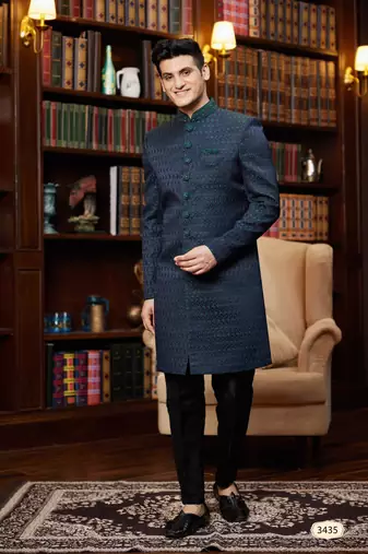 Green imported jaquard silk sherwani with faux satin Pajama for mens