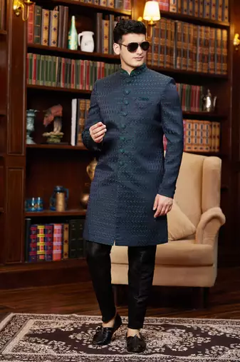 green imported jaquard silk sherwani with faux satin pajama for mens