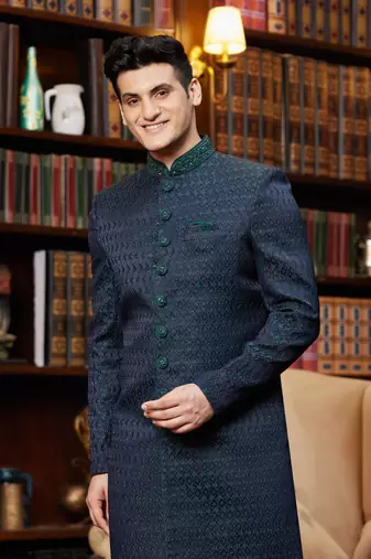 green imported jaquard silk sherwani with faux satin pajama for mens
