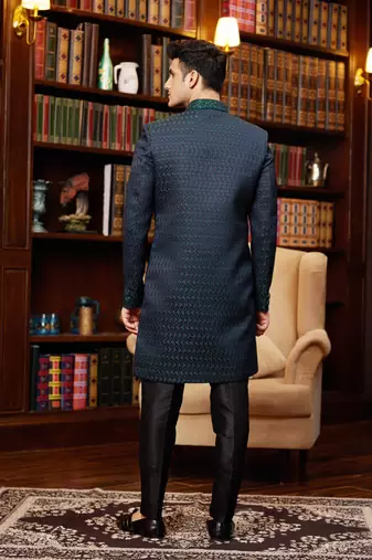 green imported jaquard silk sherwani with faux satin pajama for mens
