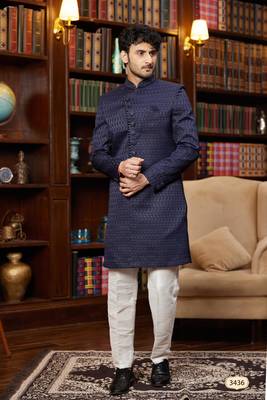 navy blue imported jacquard silk sherwani with faux satin pajama for mens 1