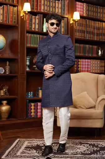 navy blue imported jacquard silk sherwani with faux satin pajama for mens