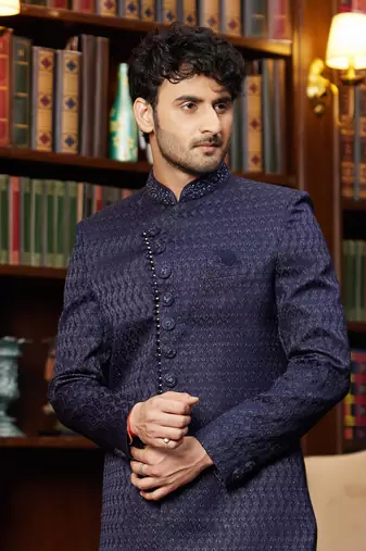 navy blue imported jacquard silk sherwani with faux satin pajama for mens