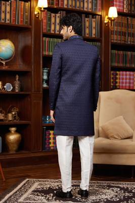 navy blue imported jacquard silk sherwani with faux satin pajama for mens 4