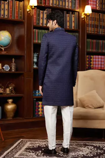 navy blue imported jacquard silk sherwani with faux satin pajama for mens