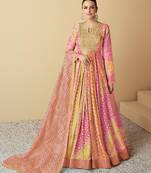 Pink & yellow printed & sequence work muslin anarkali suits ( full stitched free size )