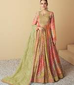 Orange & mustard printed & sequence work muslin anarkali suits ( full stitched free size )