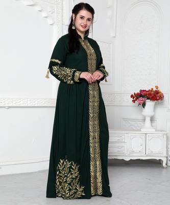 Jalabiya With Intricate Golden Leaf Embroidery And Tassels 2