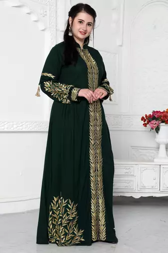 Jalabiya With Intricate Golden Leaf Embroidery And Tassels