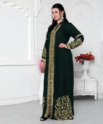 Jalabiya With Intricate Golden Leaf Embroidery And Tassels 3