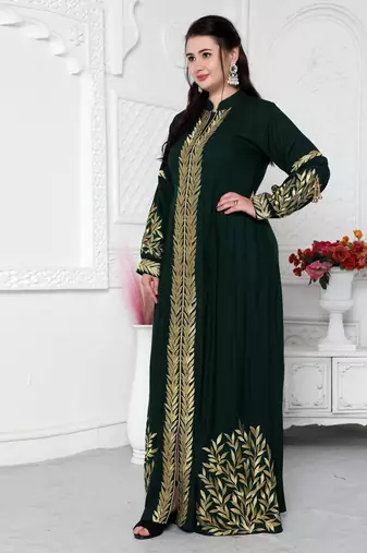Jalabiya With Intricate Golden Leaf Embroidery And Tassels