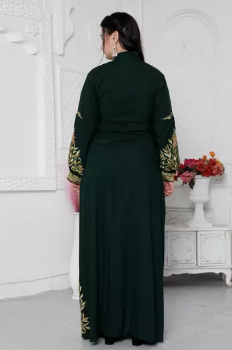 Jalabiya With Intricate Golden Leaf Embroidery And Tassels