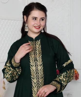 Jalabiya With Intricate Golden Leaf Embroidery And Tassels 5