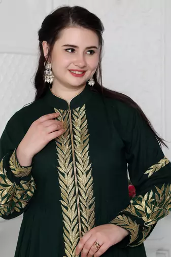 Jalabiya With Intricate Golden Leaf Embroidery And Tassels
