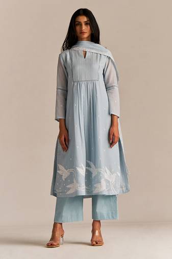 Powder blue mul-mul embroidered kurta set