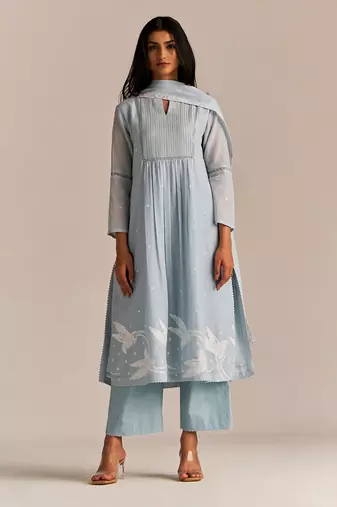 Powder blue mul-mul embroidered kurta set