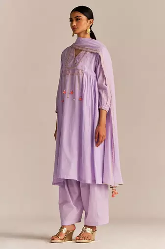 Pastel lilac mul-mul kurta set