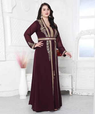 Floral Pattern Golden Hand Embellished Kaftan Dress 1