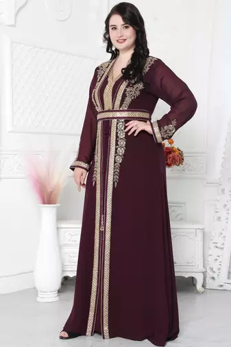 Floral Pattern Golden Hand Embellished Kaftan Dress