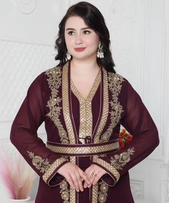 Floral Pattern Golden Hand Embellished Kaftan Dress 5