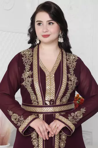 Floral Pattern Golden Hand Embellished Kaftan Dress