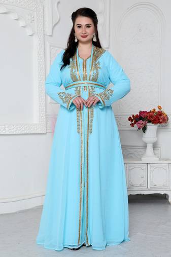 Sky Blue Kaftan In Gold Bling Embroidery