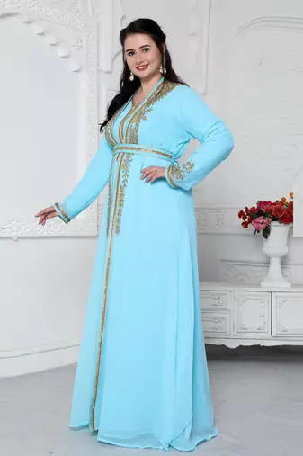 Sky Blue Kaftan In Gold Bling Embroidery