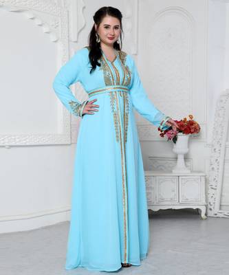 Sky Blue Kaftan In Gold Bling Embroidery 3