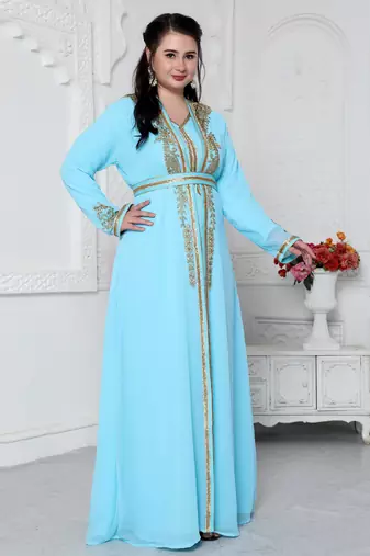 Sky Blue Kaftan In Gold Bling Embroidery